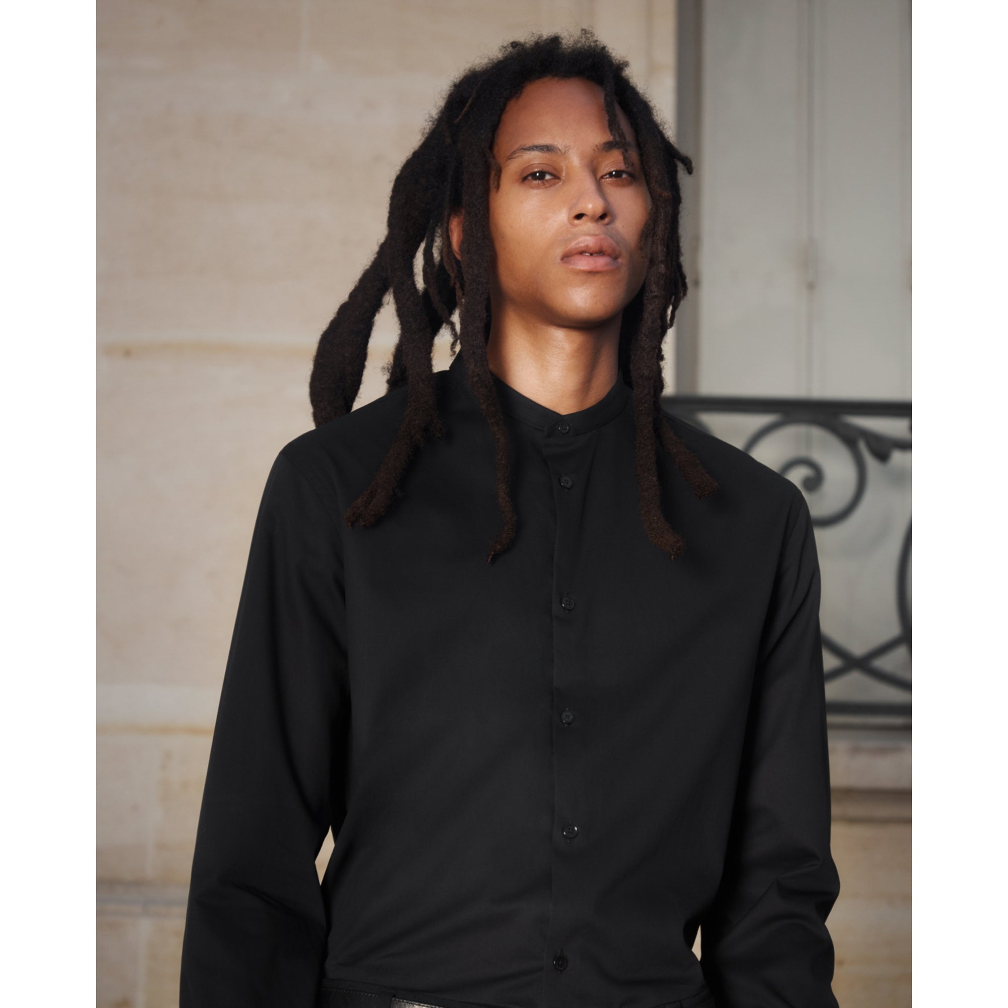 Collarless Cotton Shirt | Men | Black