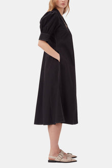 Cotton Poplin V Neck Midi Dress | Black