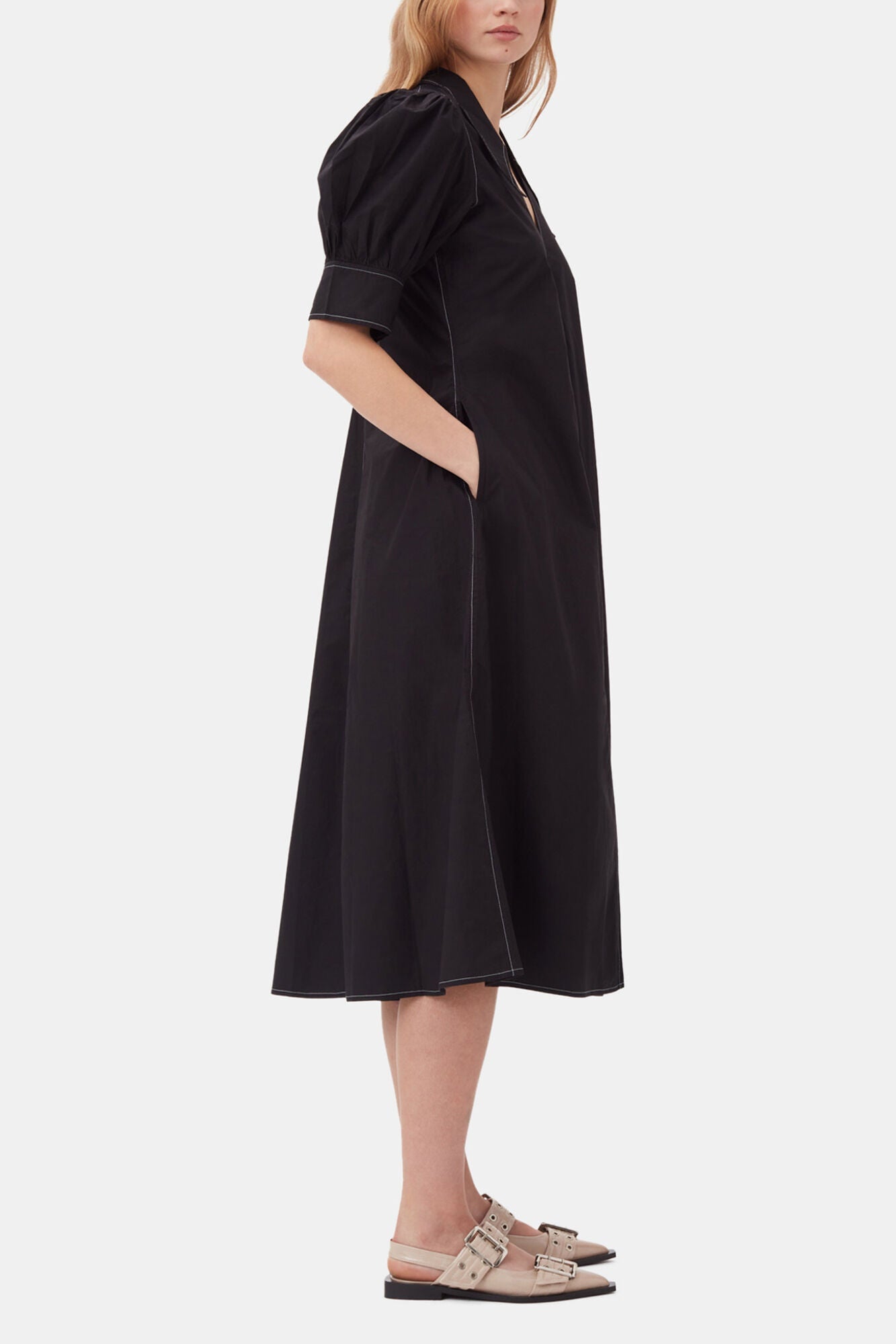 Cotton Poplin V Neck Midi Dress | Black