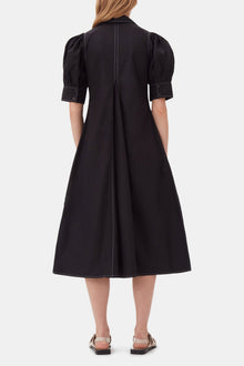Cotton Poplin V Neck Midi Dress | Black