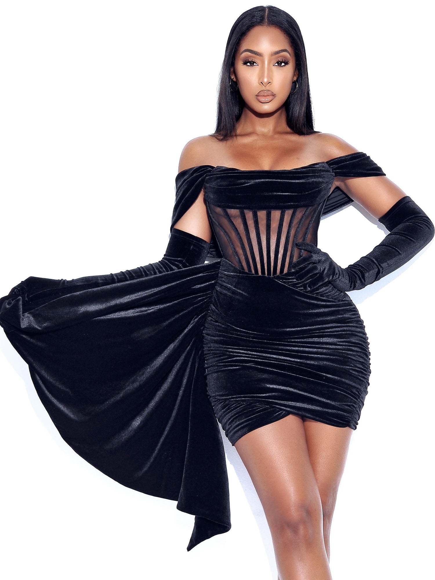 Irisa Draping Off Shoulder Corset Dress | Black