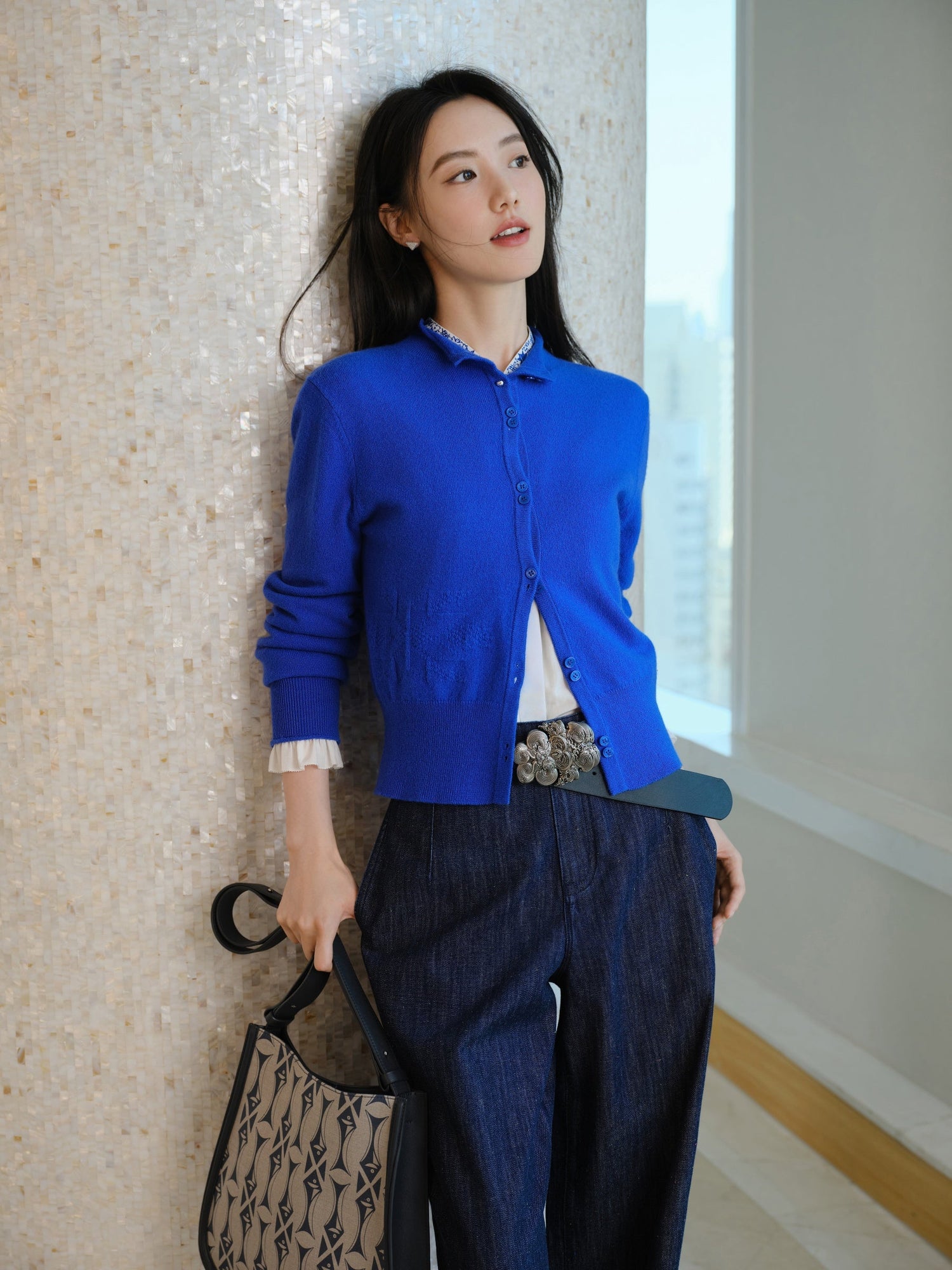 Cashmere Jacquard Knit Top | Blue