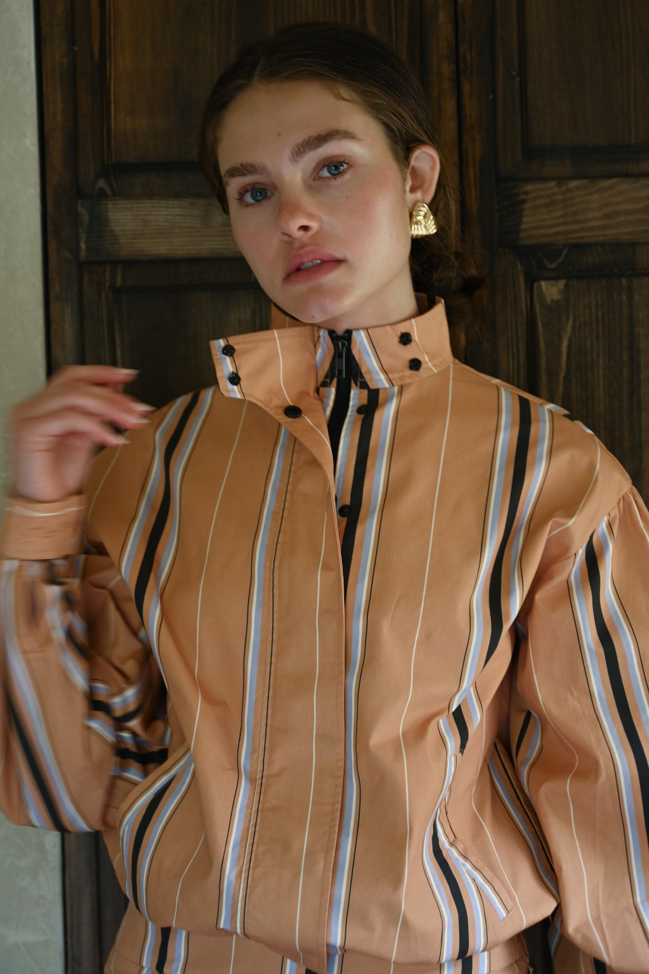 Stacy Cotton Boxy Jacket | Camel Striped