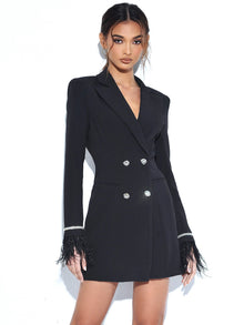 Quilla Feather Crystal Sleeve Backless Blazer Dress | Black