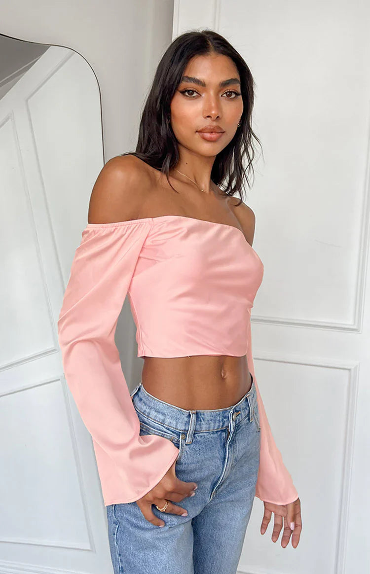 Darcie Satin Long Sleeve Top | Pink