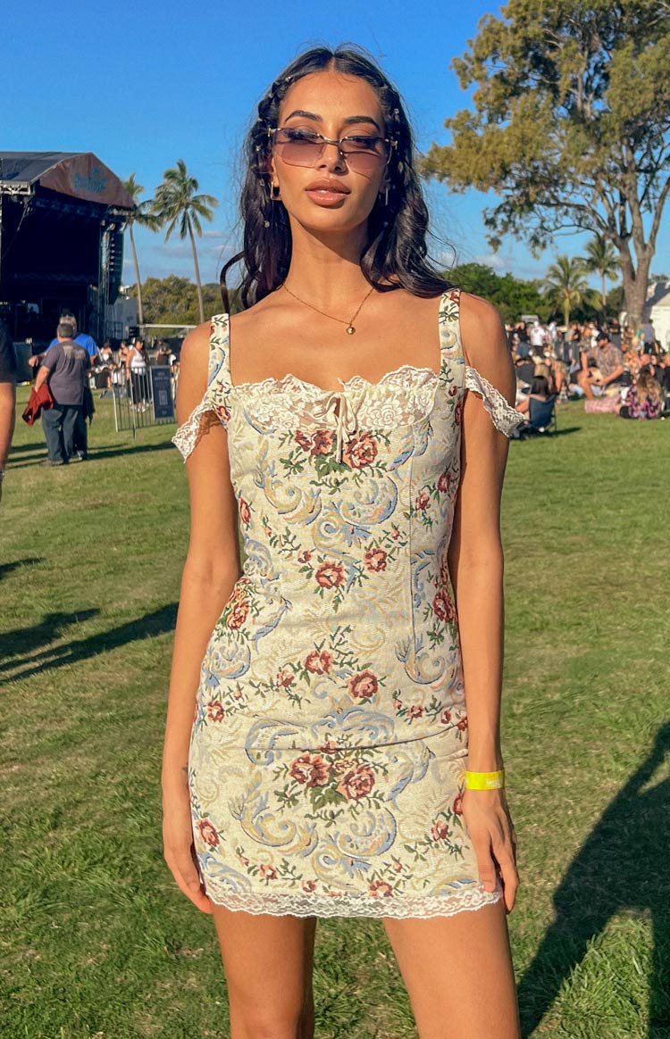 Daydreaming Tapestry Mini Dress | Beige