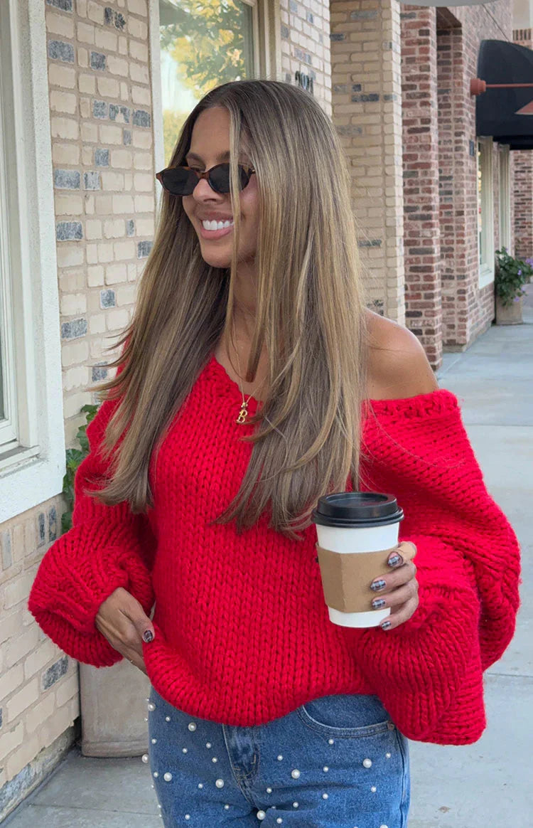 Delvey Chunky Knit Sweater | Red