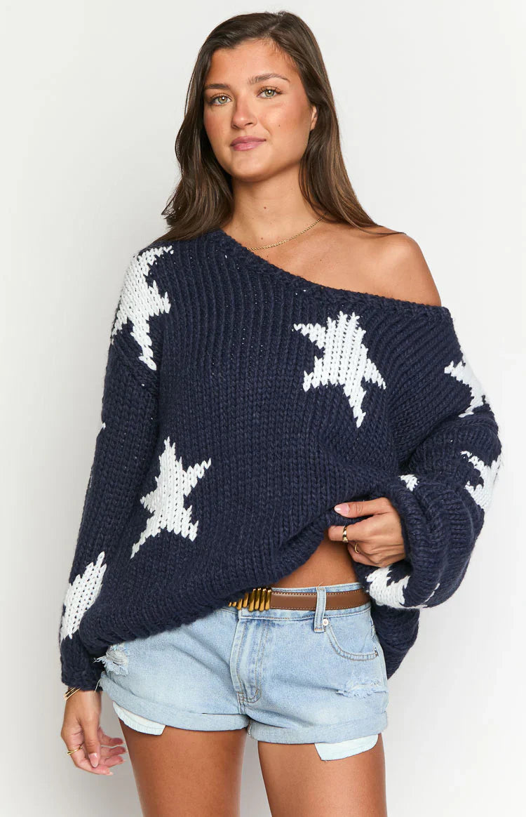 Delvey Star Chunky Knit Sweater | Navy