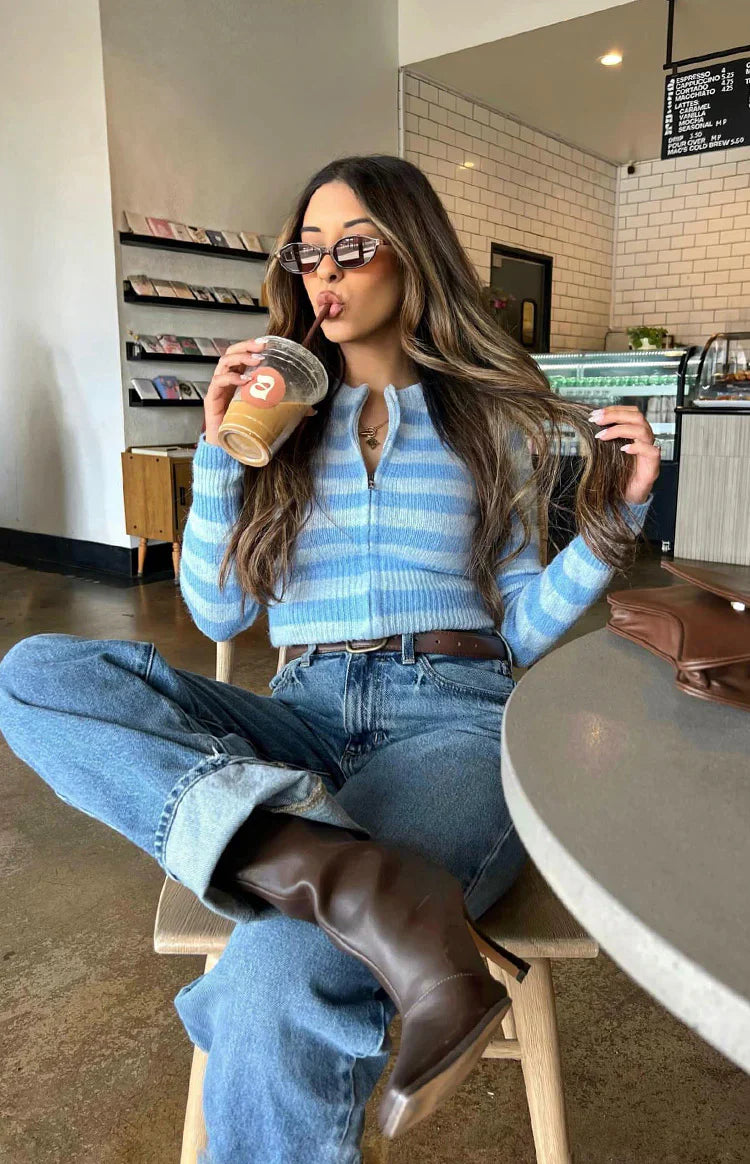 Dori Zip Stripe Knit Sweater | Blue