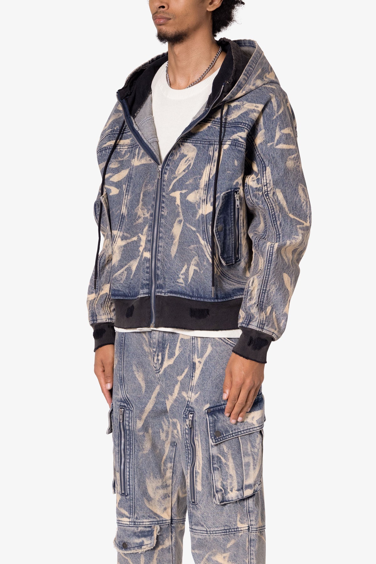 Double Denim Hooded Bomber Jacket | Blue