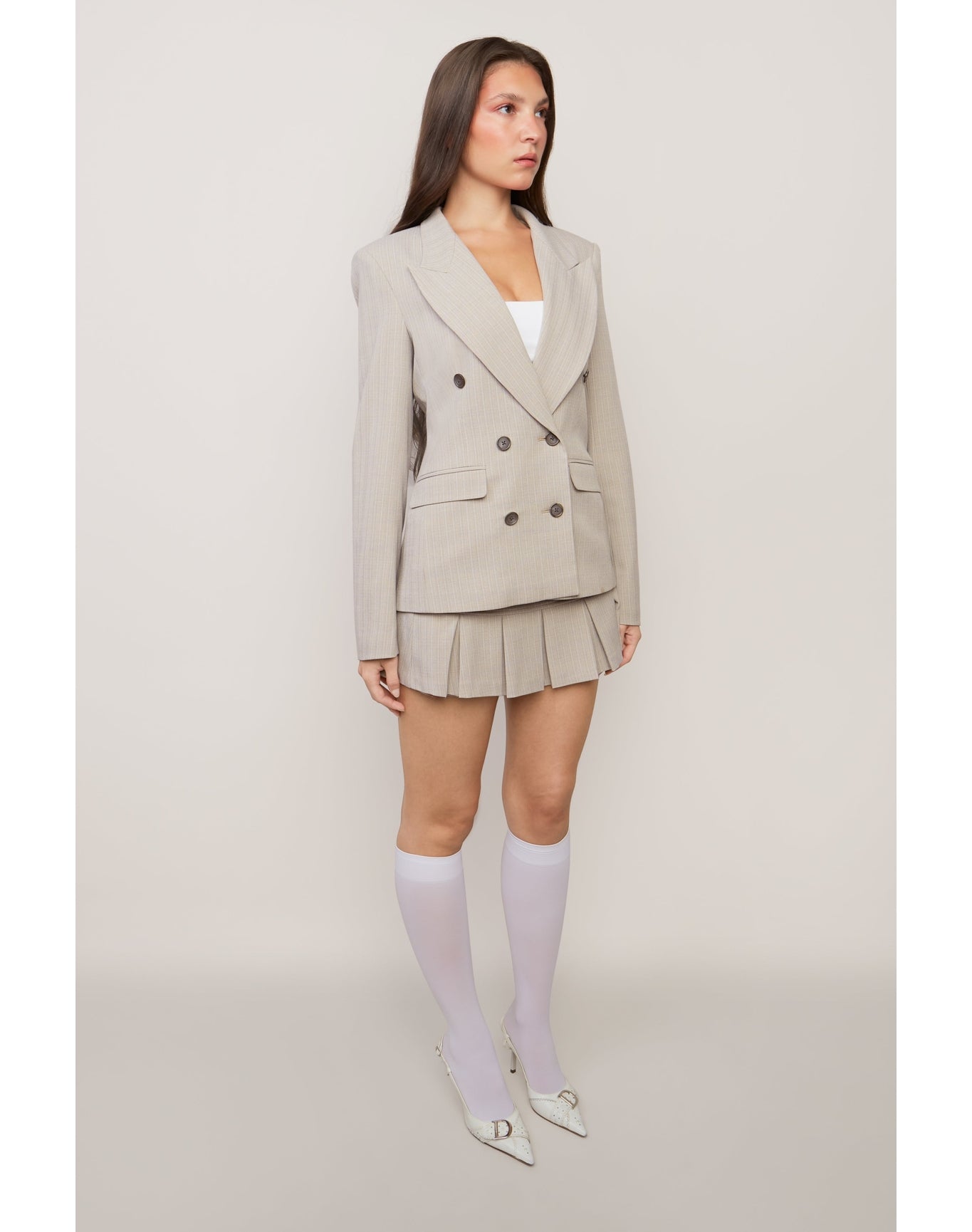 Double Breasted Blazer | Lt Grey Plaid