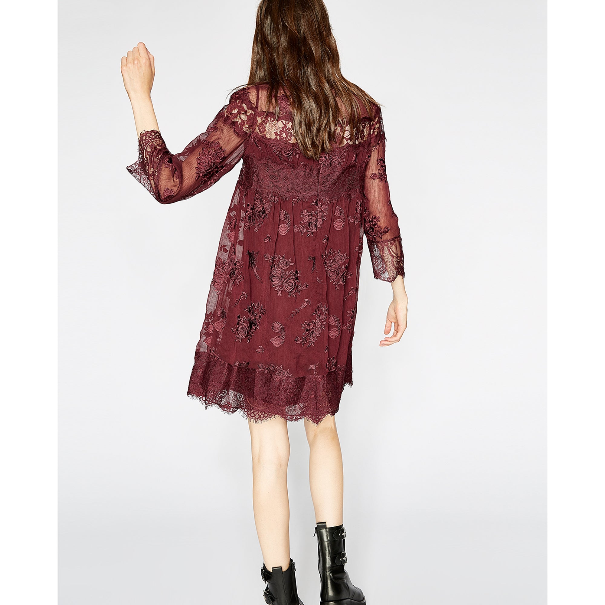 Dress In Embroidered Fabric With Lace | Women | Burgundy