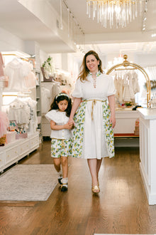 Women | Amalfi Lemon Print Linen Mom Dress | White x Green x Yellow