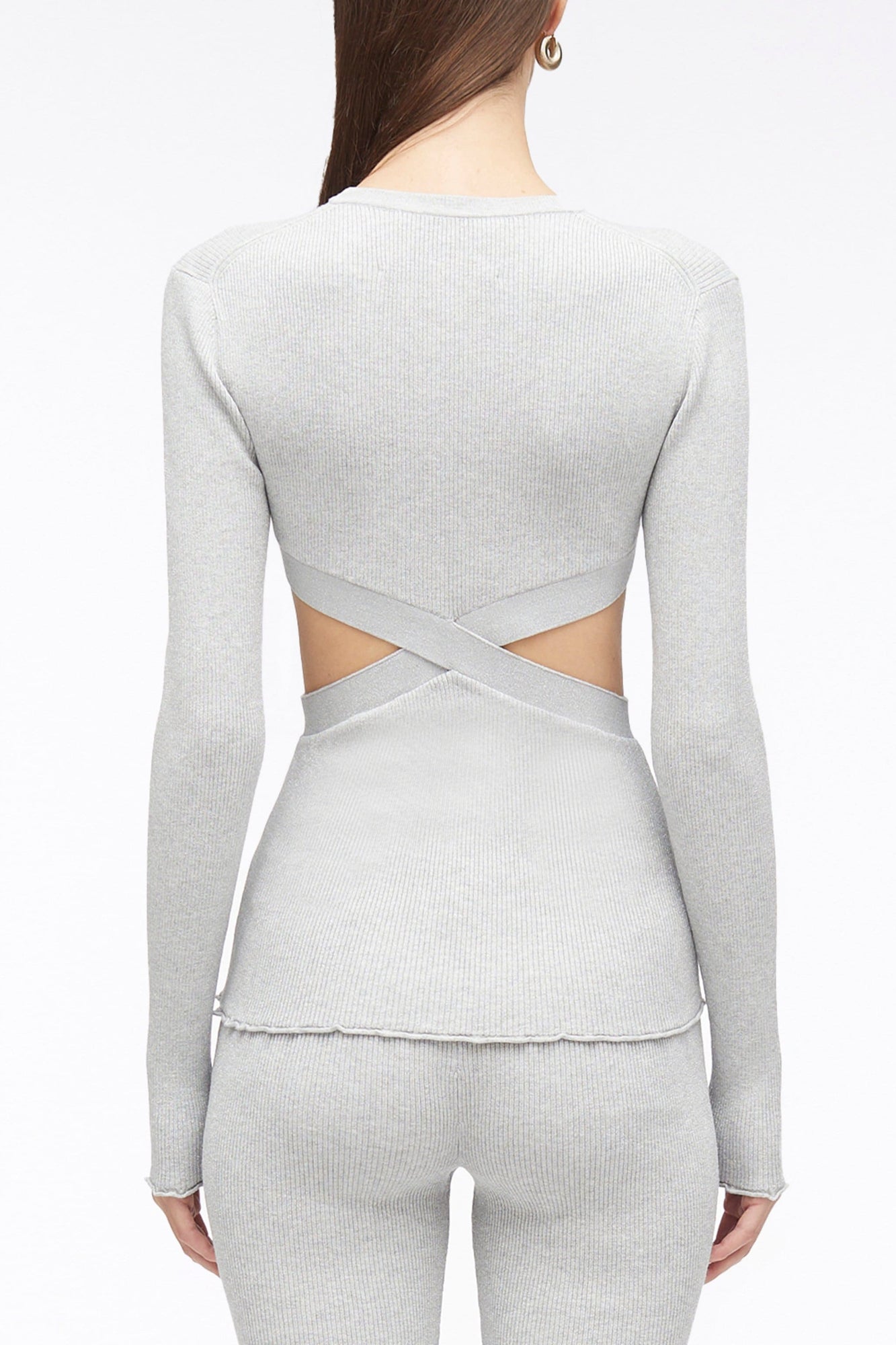 Marled Lurex Crossover Cut Out Pullover | Light Grey Melange/Light Blue