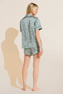 Model wears Inez Washable Silk Printed Short PJ Set in Tropical Tile Agave/Agave.
