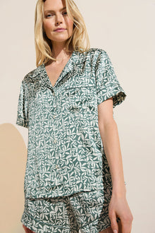 Model wears Inez Washable Silk Printed Short PJ Set in Tropical Tile Agave/Agave.