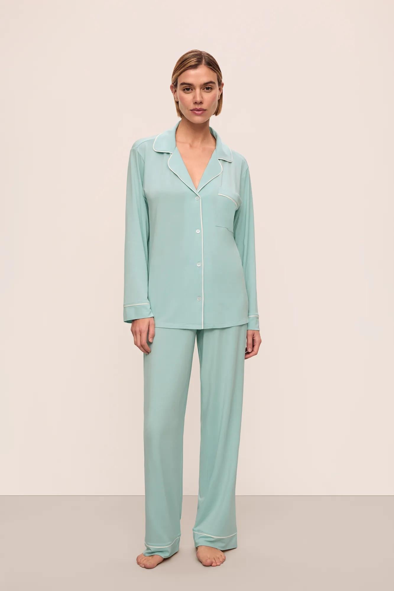 Model is wearing Gisele Tencel Modal Long Pj Set in Canal Blue/Ivory