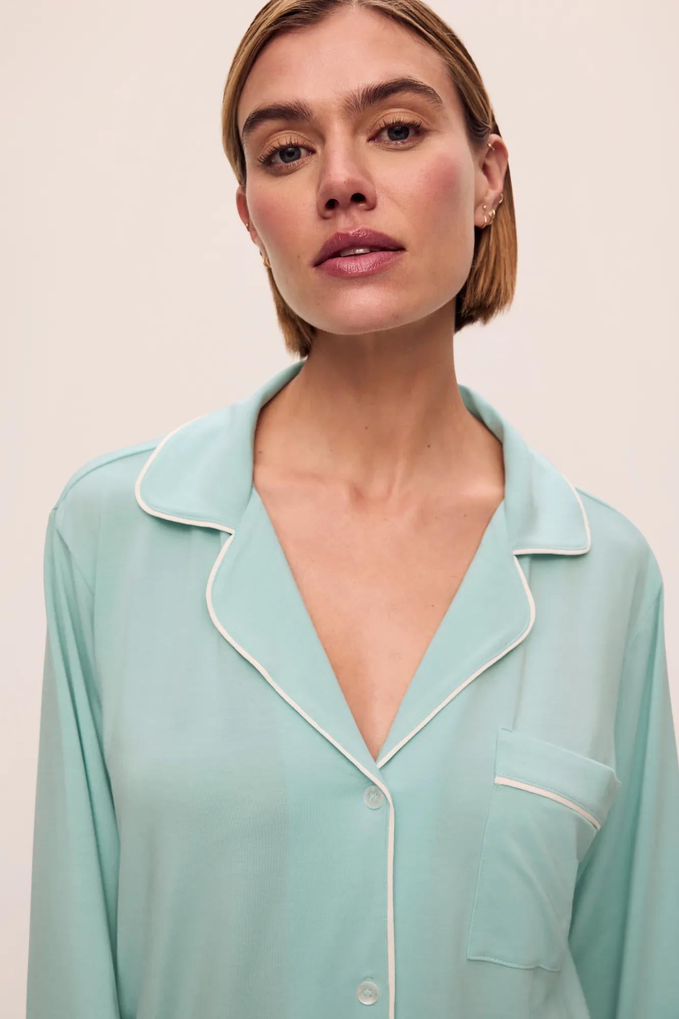 Model is wearing Gisele Tencel Modal Long Pj Set in Canal Blue/Ivory