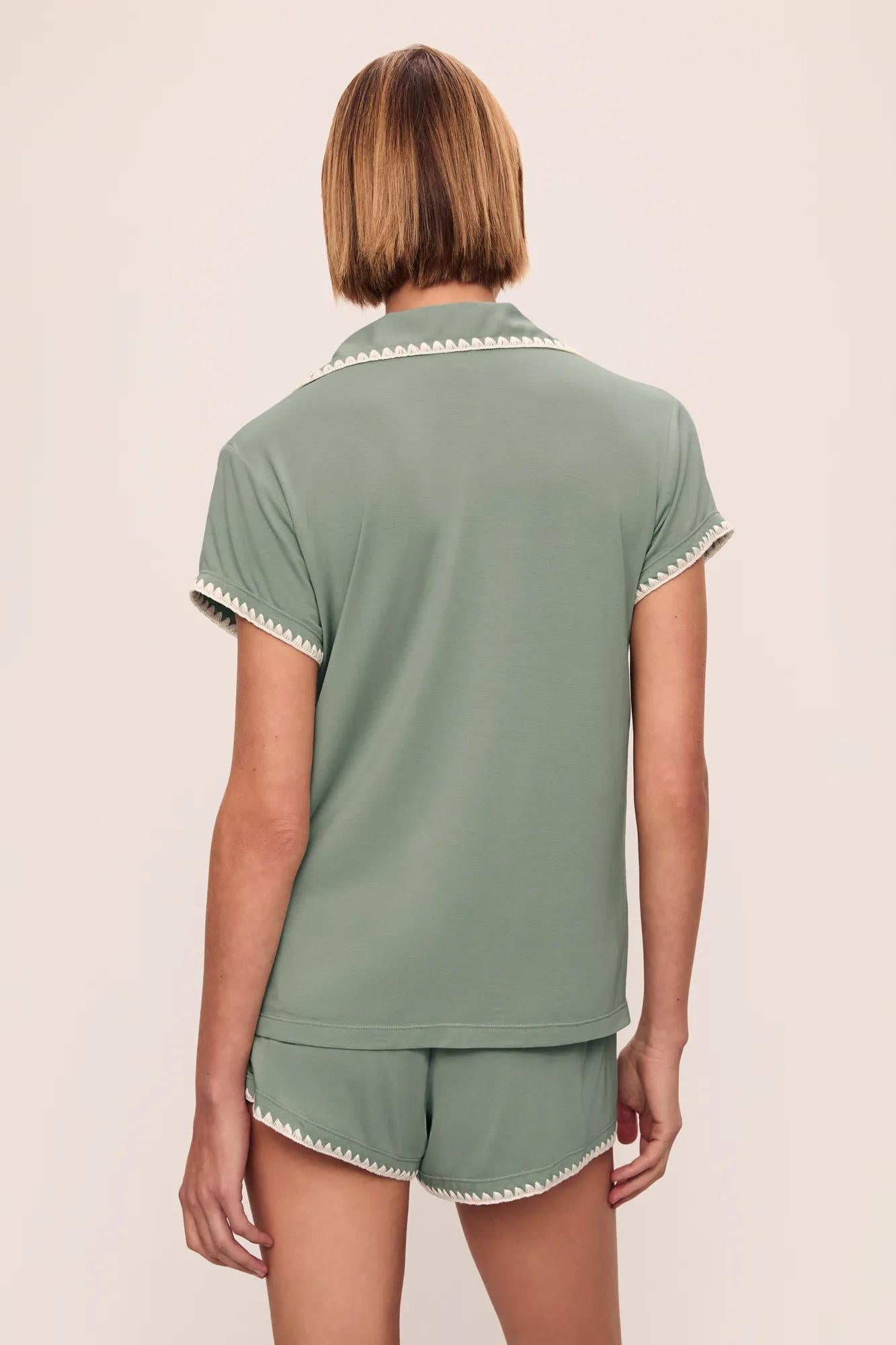 Model is wearing Frida TENCEL Modal Shortie PJ Set in Eucalyptus/Ivory