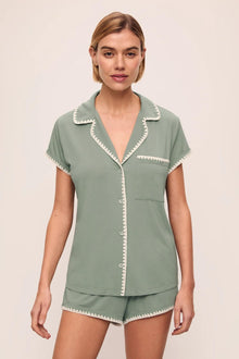 Model is wearing Frida TENCEL Modal Shortie PJ Set in Eucalyptus/Ivory