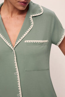 Model is wearing Frida TENCEL Modal Shortie PJ Set in Eucalyptus/Ivory