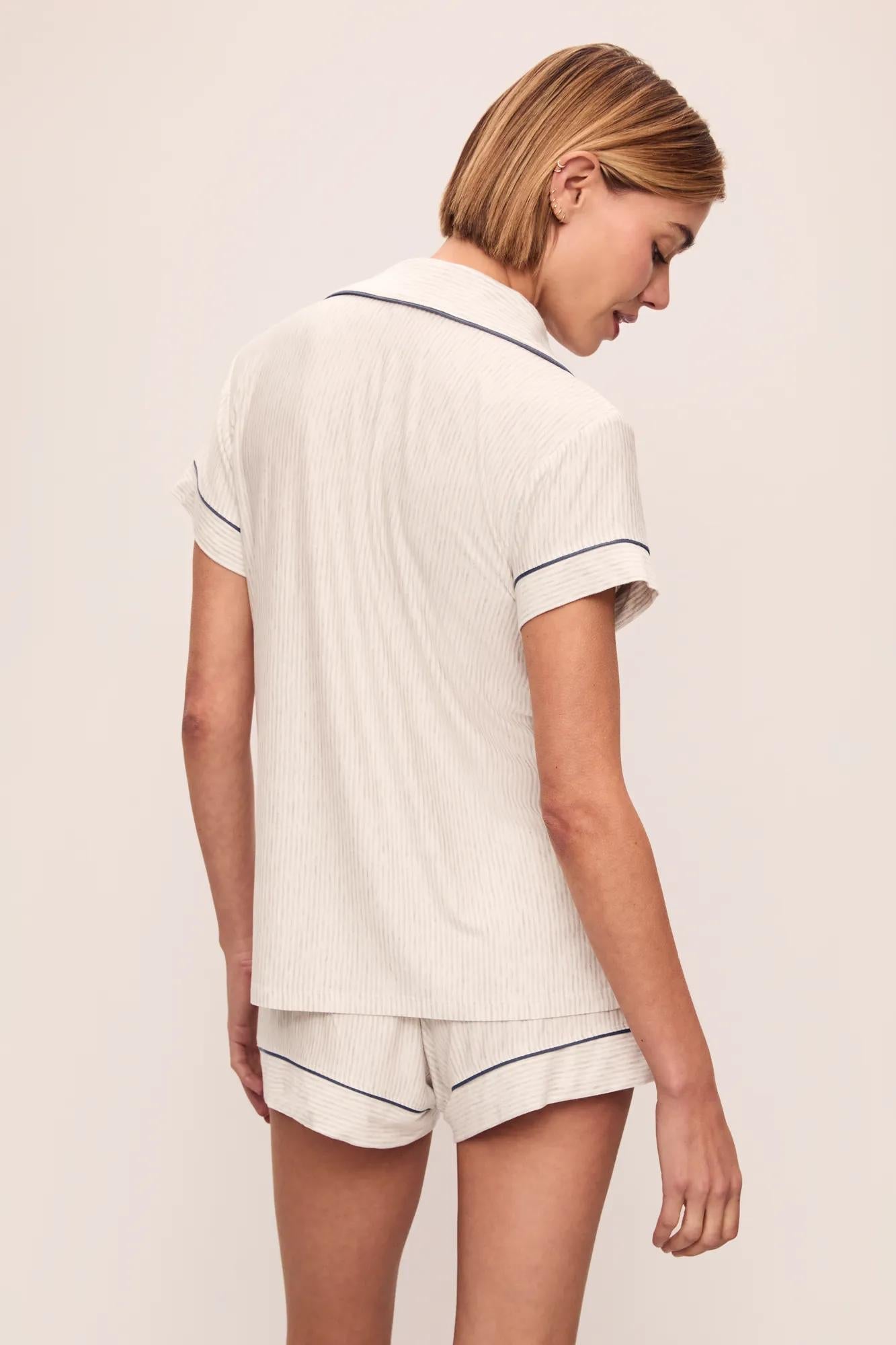 Model is wearing Gisele Printed TENCEL Modal Shortie PJ Set in Heritage Stripe Light Heather Grey/Peppercorn