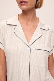 Model is wearing Gisele Printed TENCEL Modal Shortie PJ Set in Heritage Stripe Light Heather Grey/Peppercorn