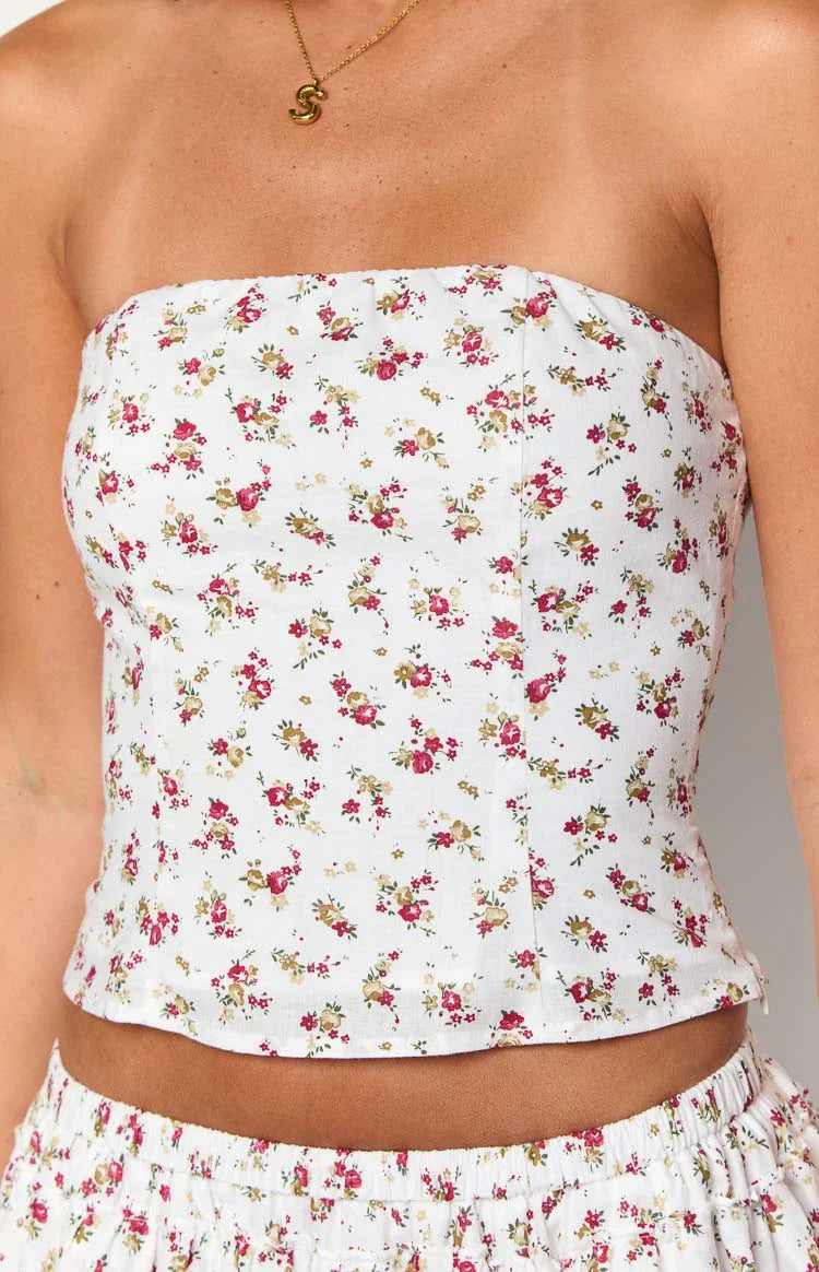 Paisley Floral Strapless Top | White