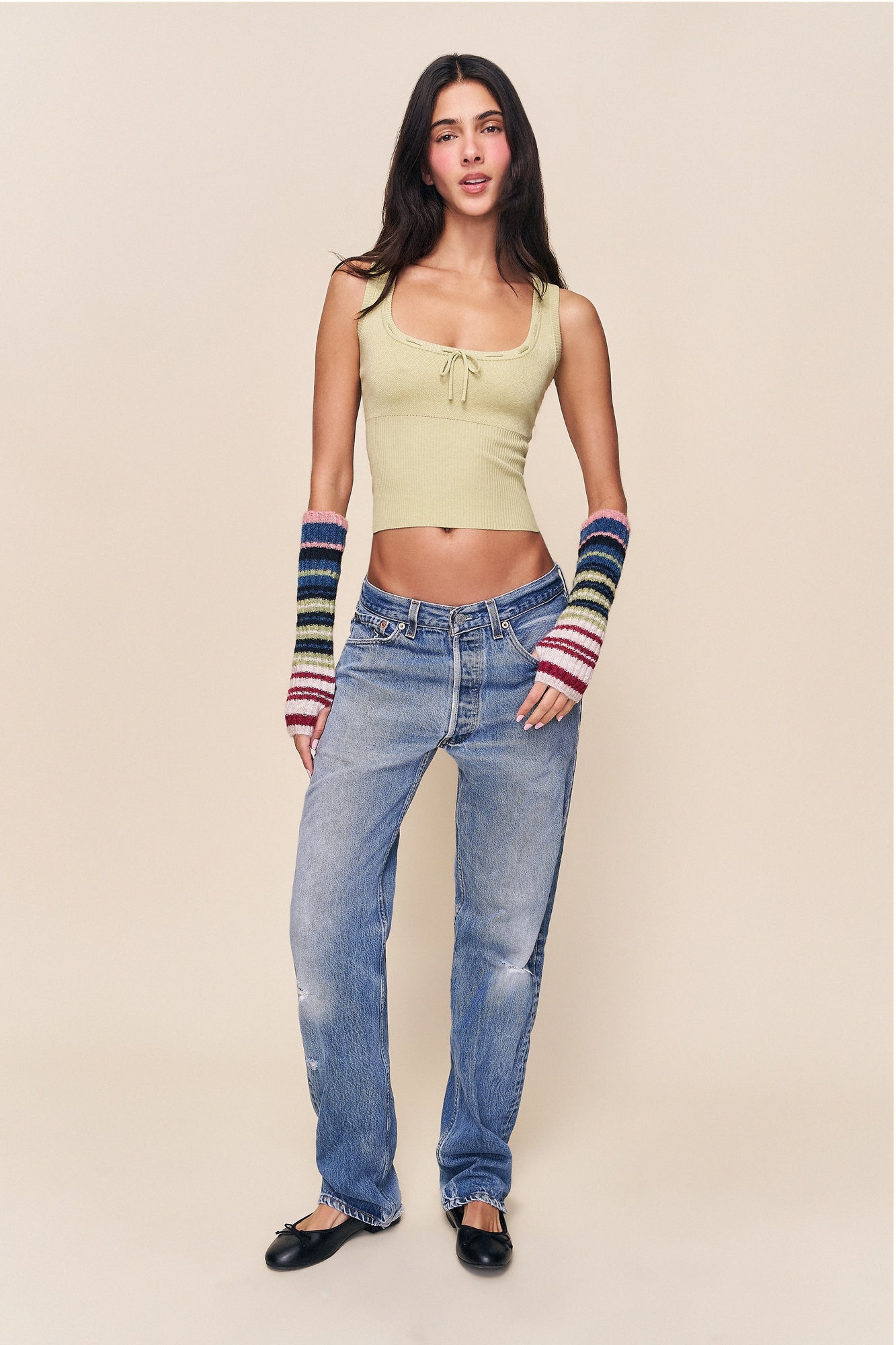 Womens | Rib Arm Warmers | Striped Matcha Green