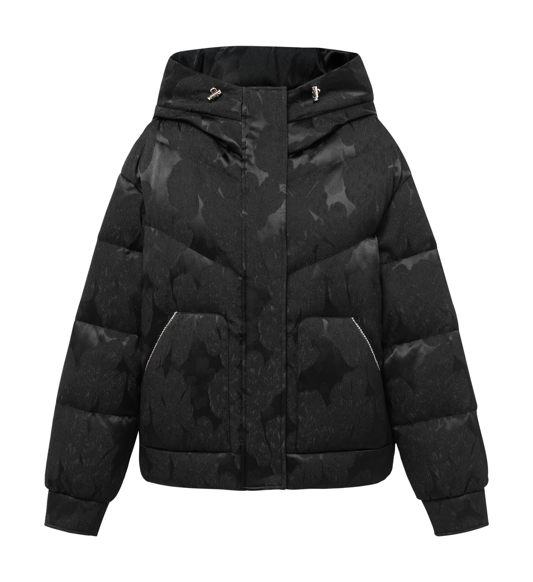 Goose Down Mulberry Silk Jacquard Warm Jacket | Black