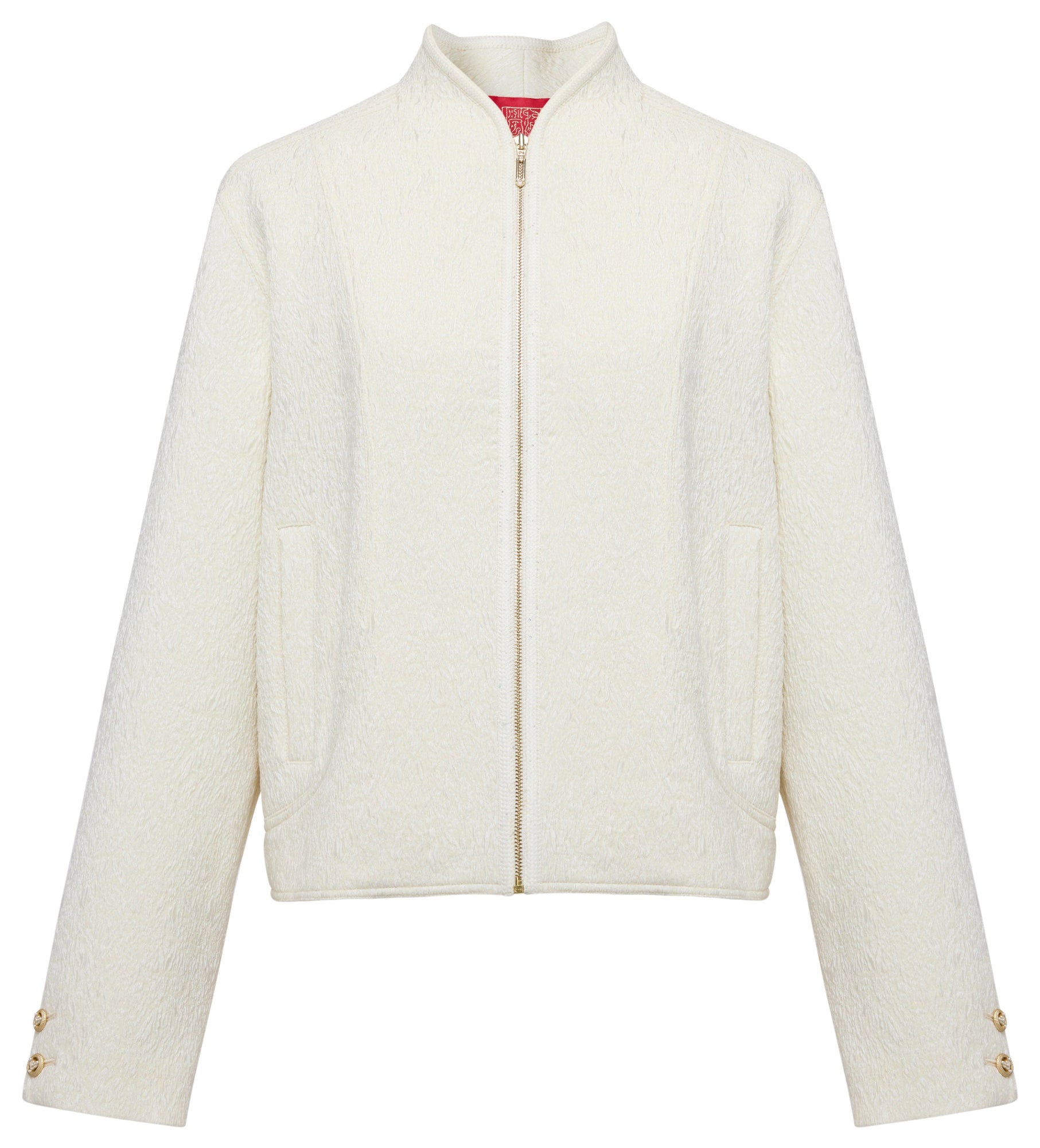 Wool Stand Collar Embroidered Coat | White