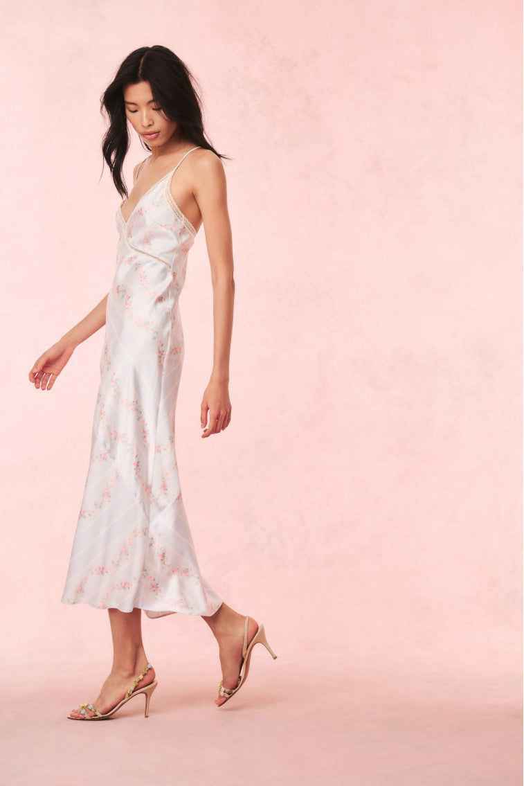 Ermon Satin Floral Slip Dress | Wavecrest Blue