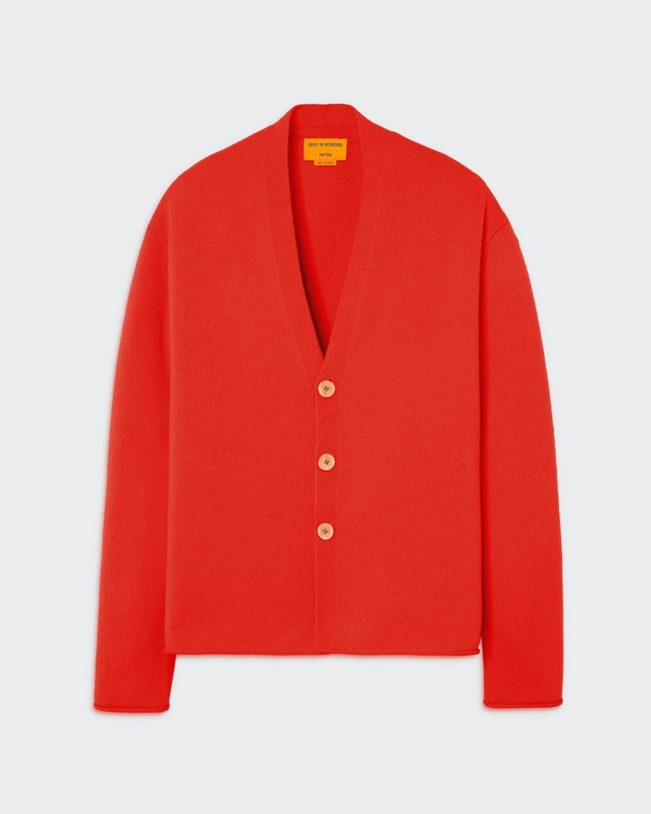 Everywear Cardigan - Cherry in vibrant red cashmere with three-button closure and shawl collar for menâ€™s sizing.