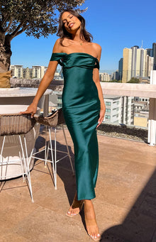 Beginning Boutique Ella Teal Off Shoulder Formal Maxi Dress teal satin off-shoulder draped neckline bodycon maxi dress