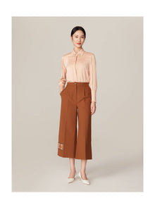 Embroidered Collar Silky Crop Shirt | Camel