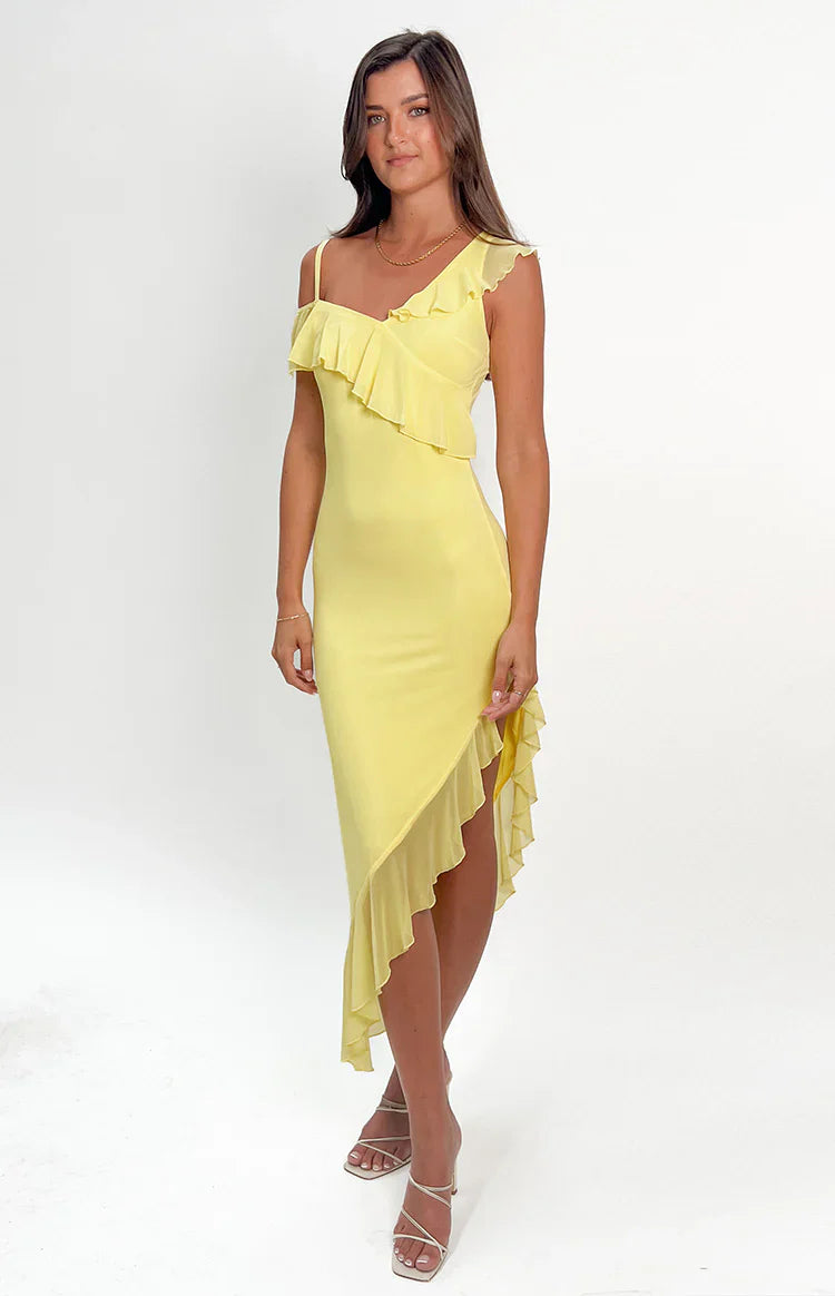 Everleene Ruffle Mesh Midi Dress | Yellow