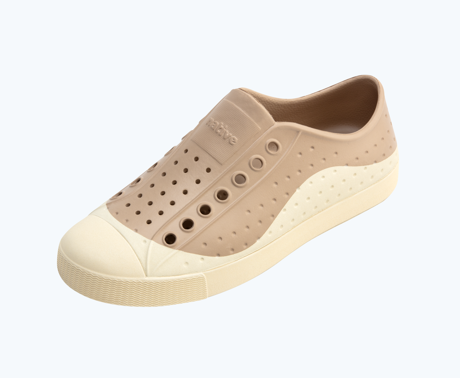 Angled view of a Native Shoes Jefferson Wanderfoam Roam | Flax Tan/ Bone White Footwear