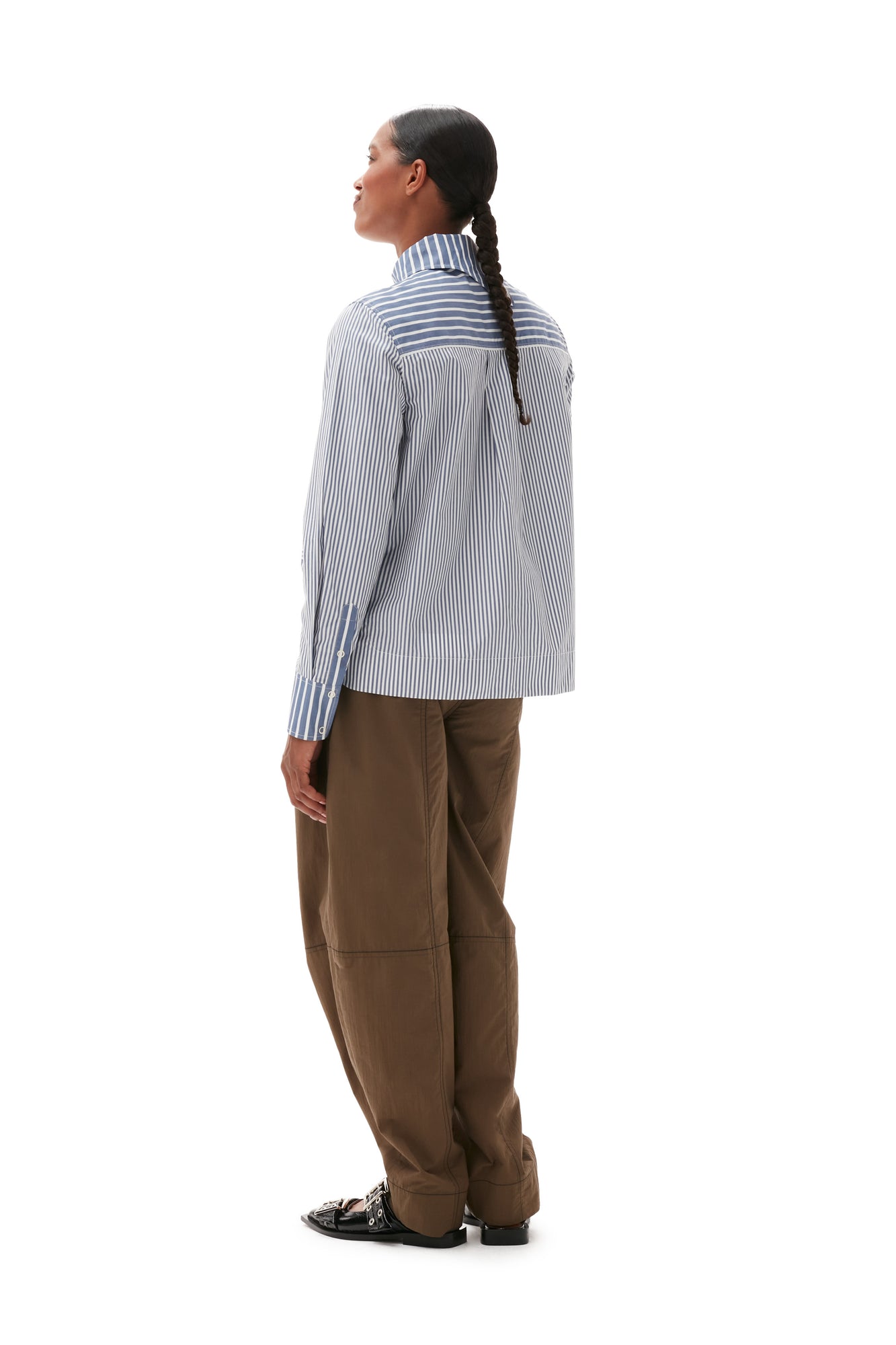Stripe Cotton Asymmetrical Collar Shirt | Gray Blue