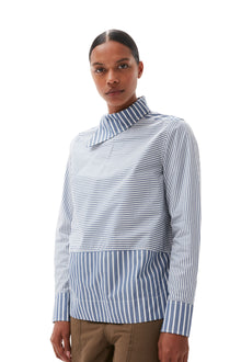 Stripe Cotton Asymmetrical Collar Shirt | Gray Blue