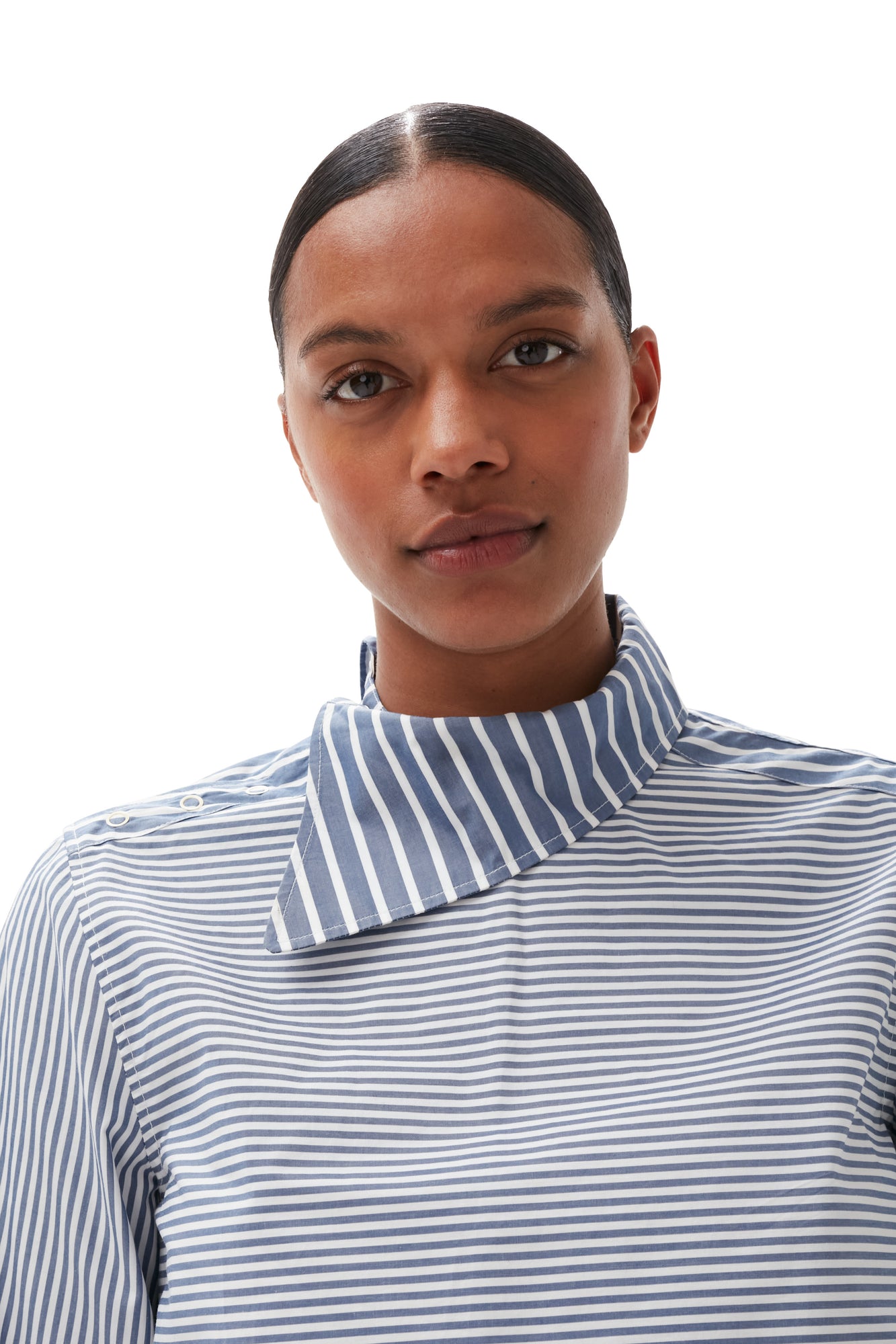 Stripe Cotton Asymmetrical Collar Shirt | Gray Blue
