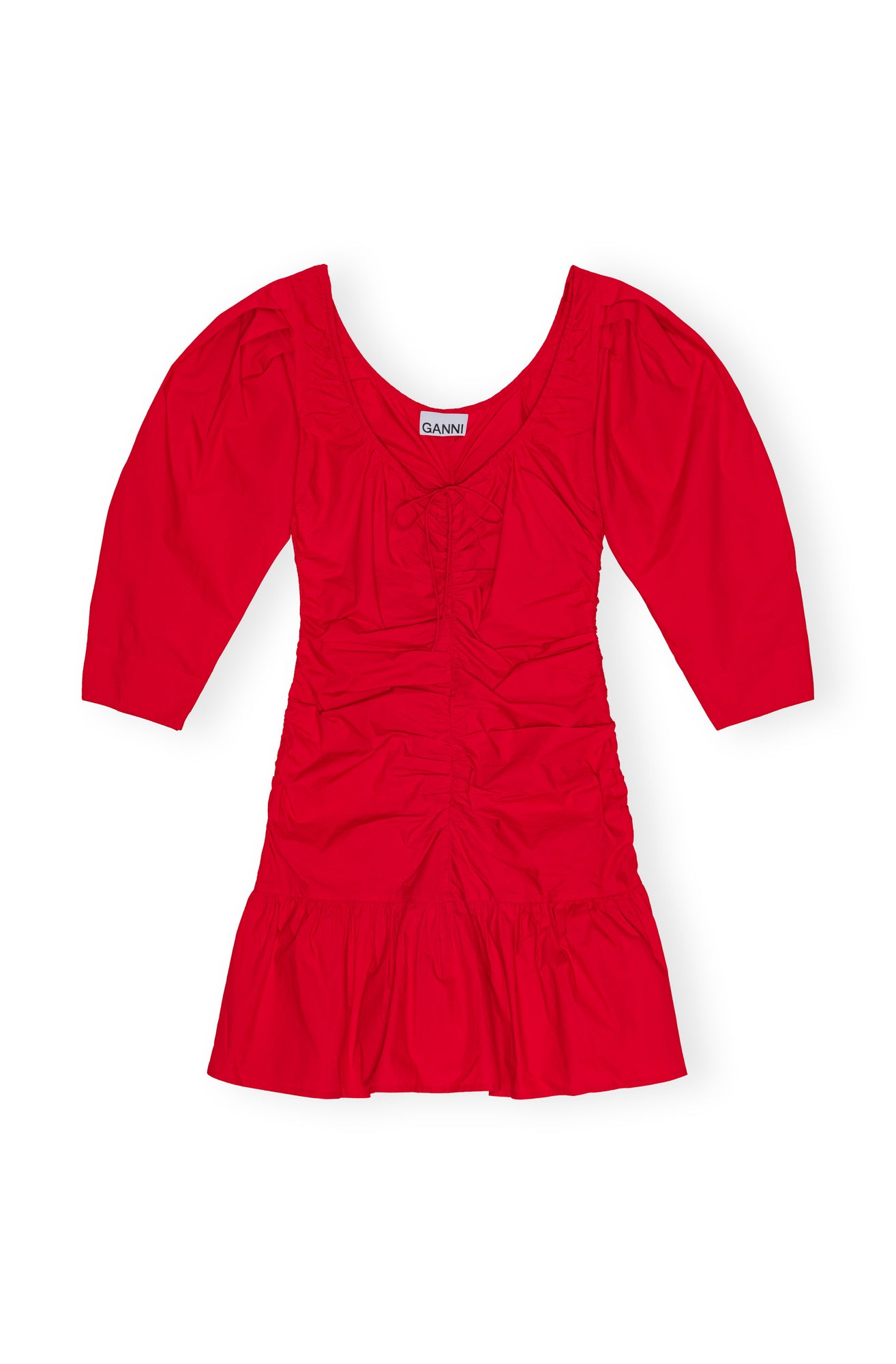 Cotton Poplin Gathered U-neck Mini Dress | Racing Red