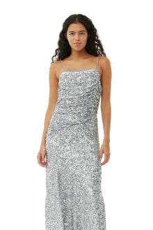 3D Sequins Long Slip Dress | Silver