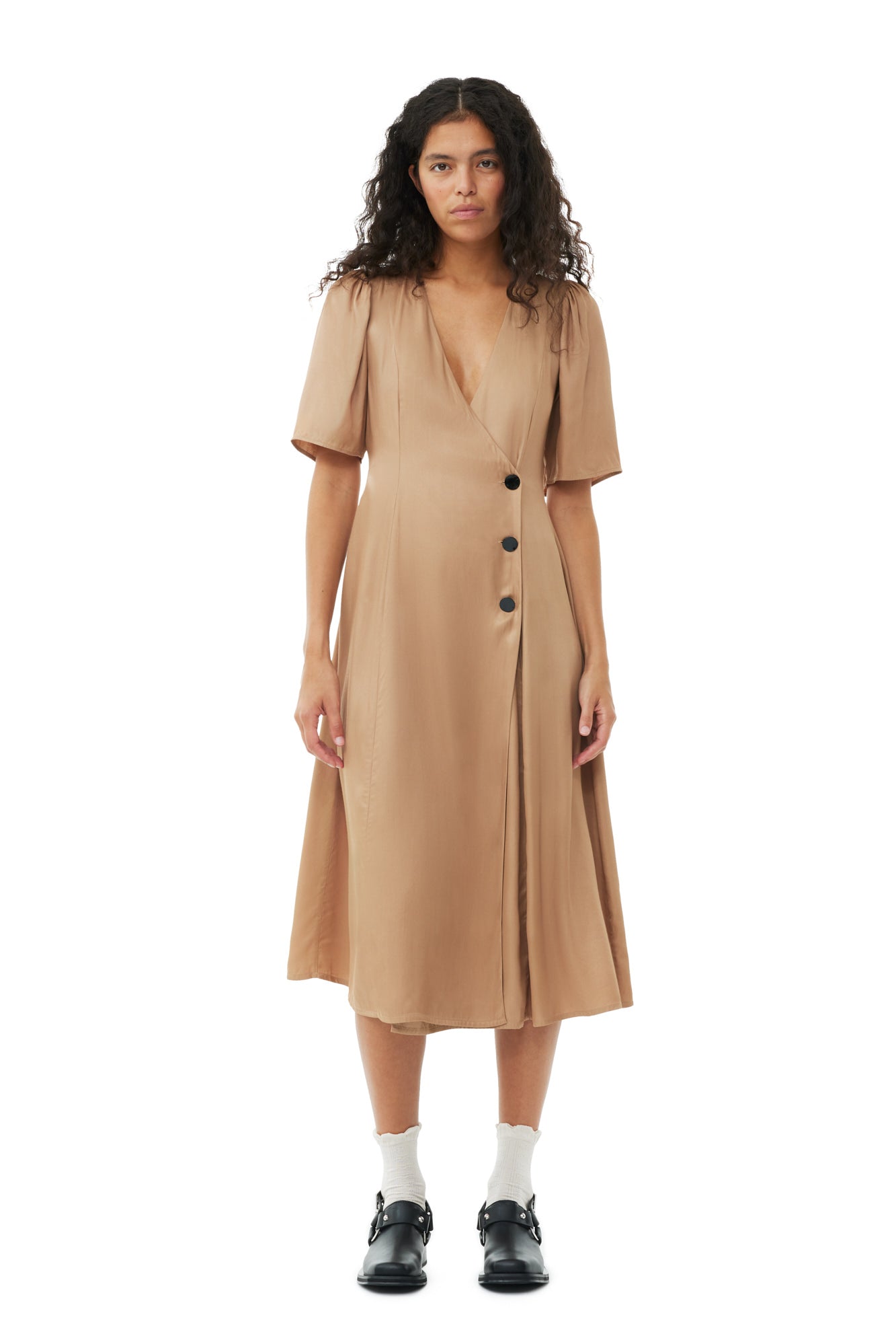 Viscose Twill Wrap Midi Dress | Tiger's Eye