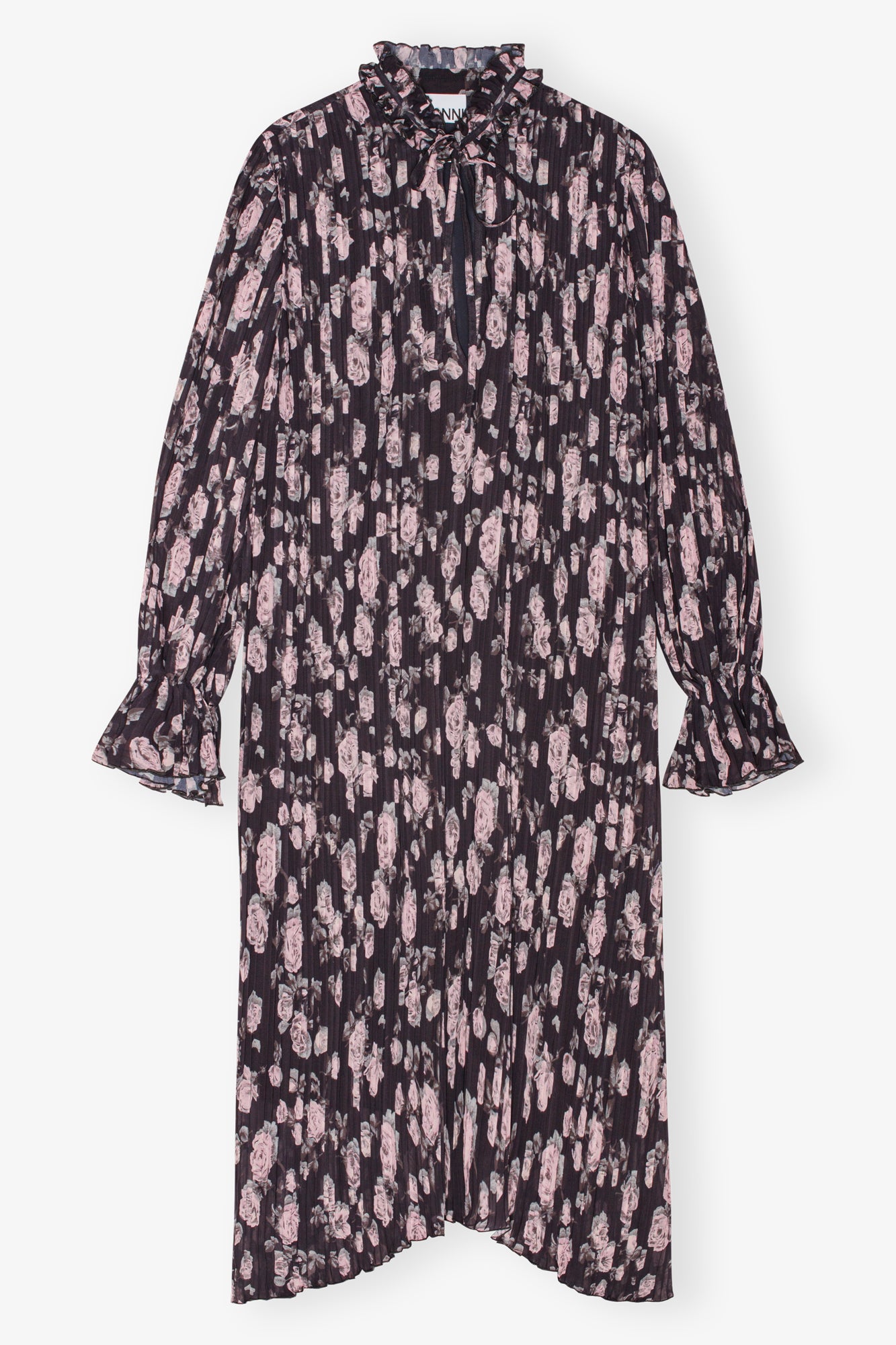 Pleated Georgette Ruffle Collar Midi Dress | Phantom