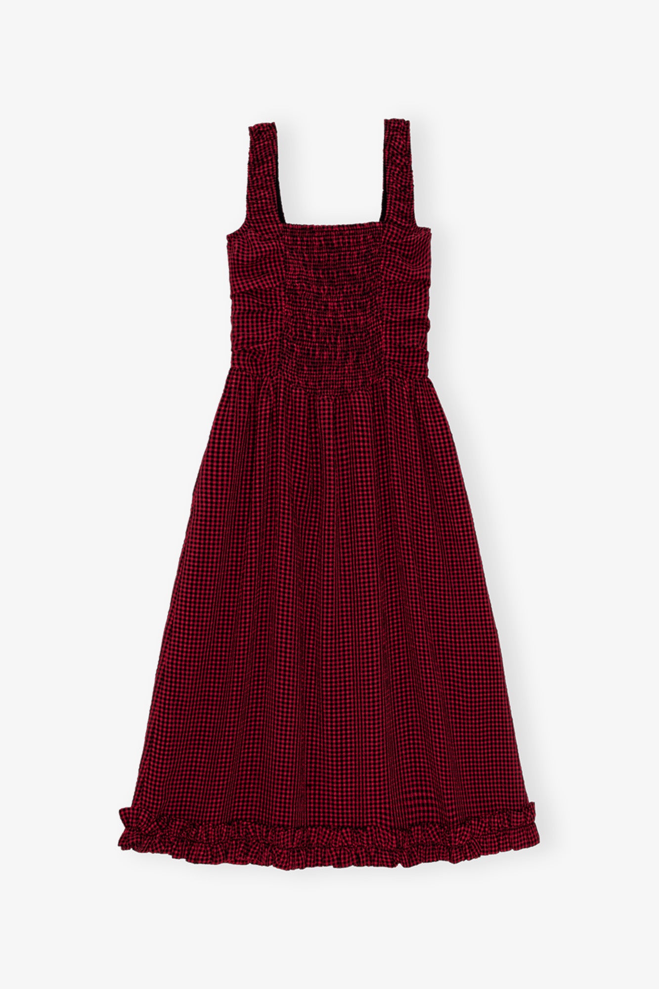 Sheer Fluid Check Midi Strap Smock Dress | Winery