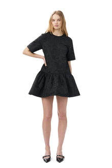 Botanical Jacquard Open-back Mini Dress | Black