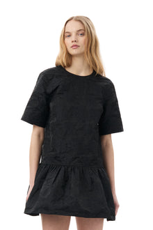 Botanical Jacquard Open-back Mini Dress | Black