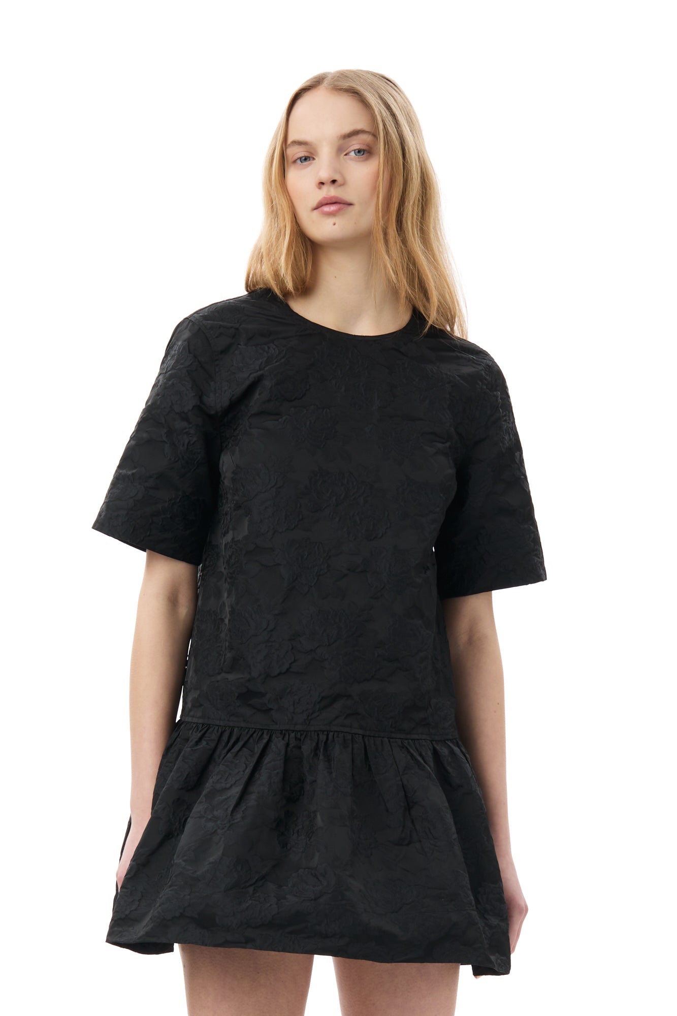 Botanical Jacquard Open-back Mini Dress | Black