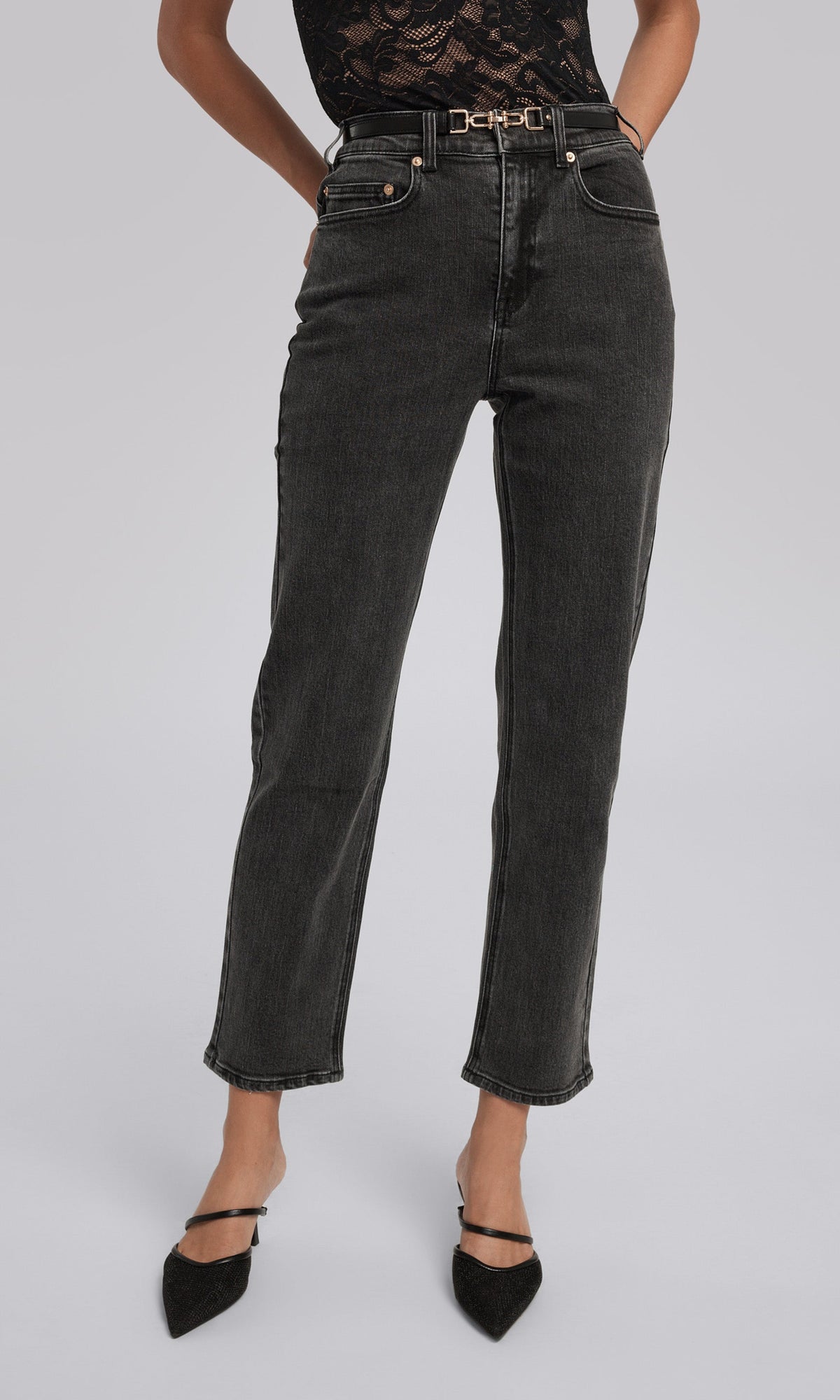 Emmett Denim Pants With Vegan Leather Belt | Washed Black