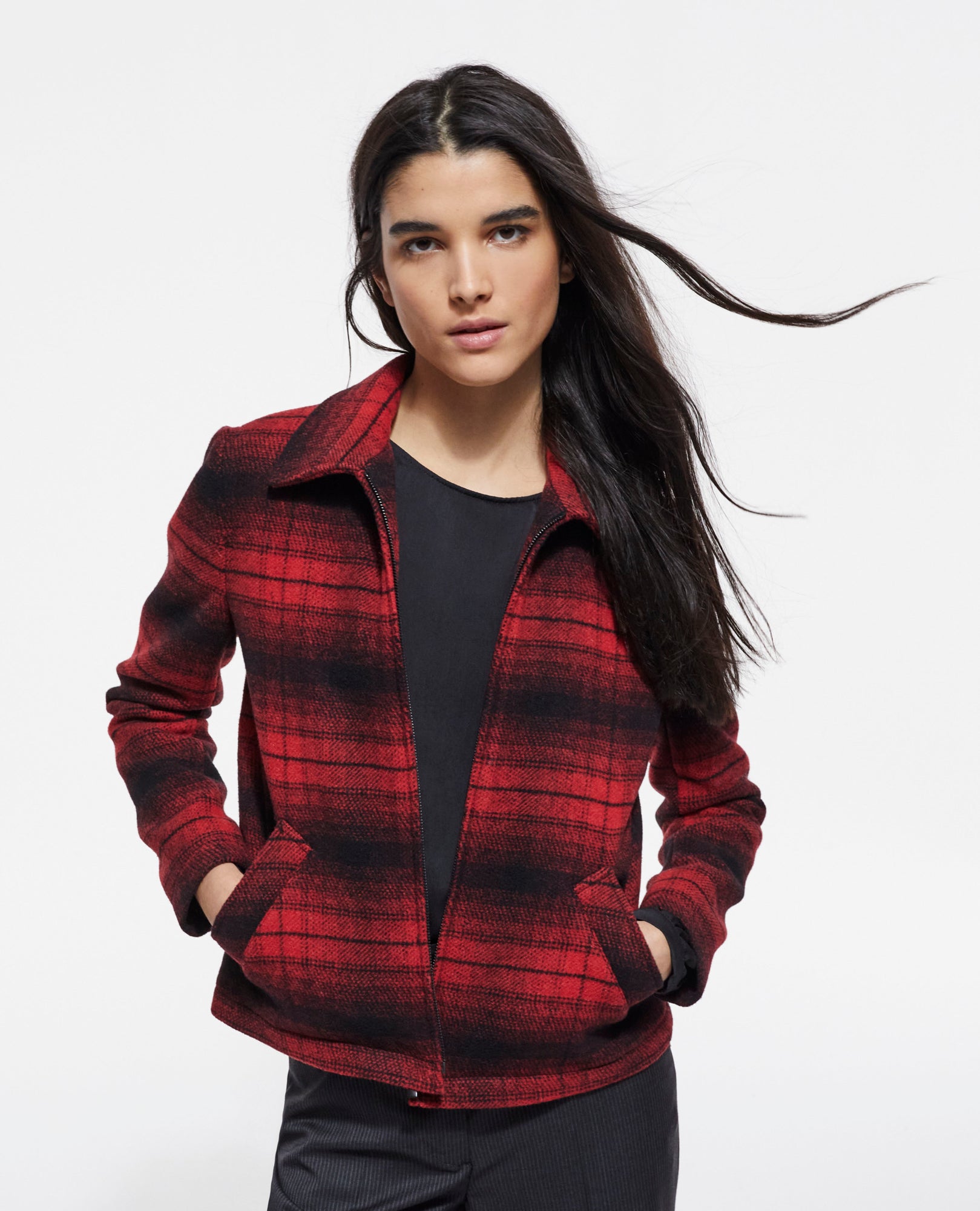 Wool Jacket With Check Motif | Women | Red x Black